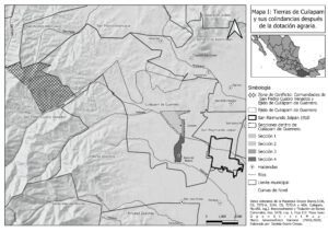 Tierras de Cuilapam y sus colindancias después de la dotación agraria. Elaborado por Daniela Osorio Crespo.